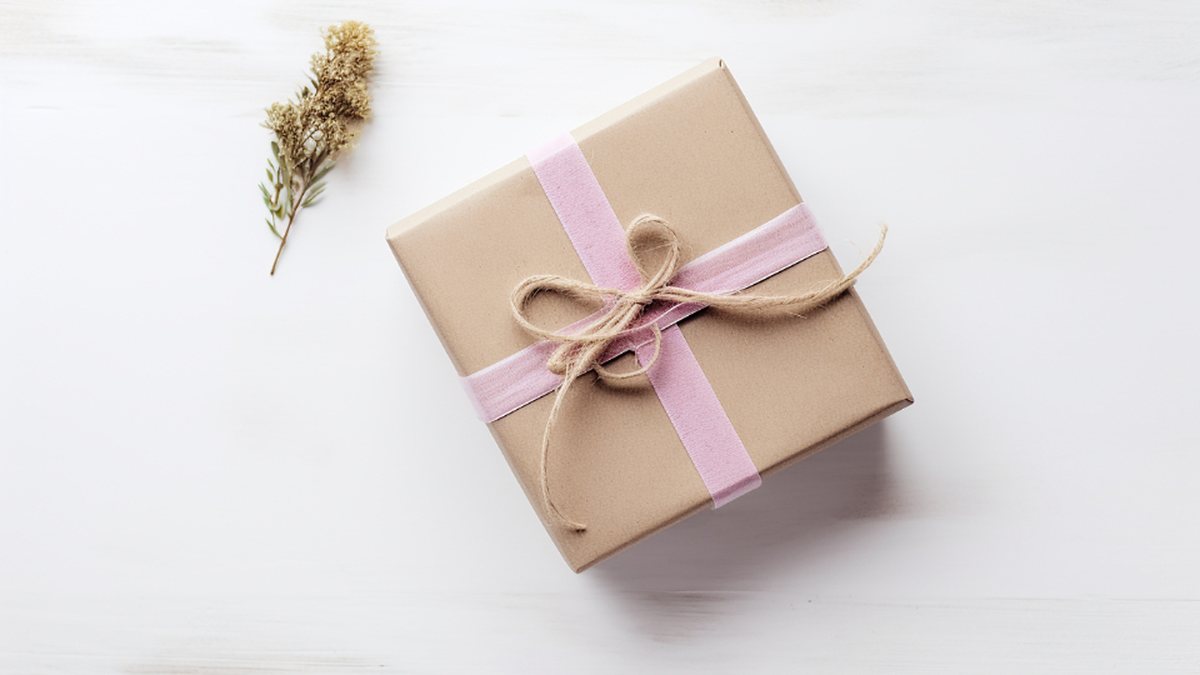 Gift box wrapped in kraft paper with a pink ribbon